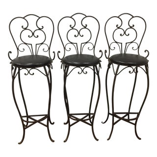 Vintage Art Nouveau Style Hand Forged Iron and Leather Barstools in Rustic Brown - Set of 3 For Sale
