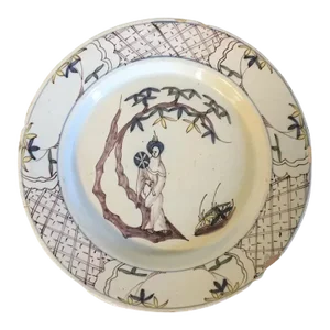 1700s Bristol Manganese and Polychrome Delft Temple Back Plate with Court Lady in the Chinese Taste