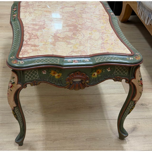 Vintage Painted Italian Venetian-Style Chinoiserie Low Coffee Table With Marble Top For Sale In Chicago - Image 6 of 12