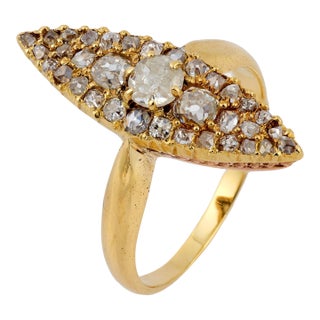 Late 19th Century Victorian Old Cut Diamond 18k Yellow Gold Navette Ring, Size 6.25 For Sale