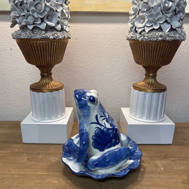 1980s 1980s Blue and White Ceramic Frog on a Lily Pad. For Sale - Image 5 of 7