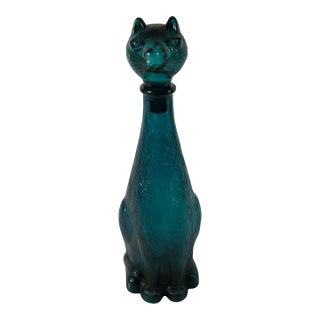1960s Empoli Glass Cat Decanter Mid Century Modern Italian Teal Blue Art Glass Bottle With Stopper Retro Barware Decor For Sale