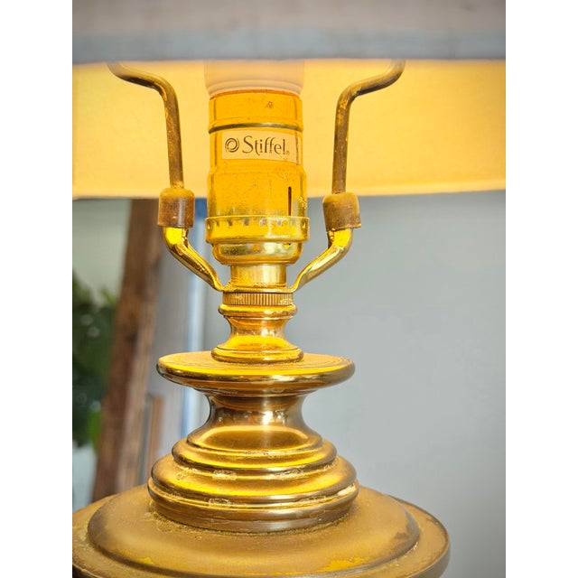 Substantially Large 32” Vintage Pair of Stiffel Solid Brass Hollywood Regency Urn Table Lamps With 10” Linen Shades For Sale - Image 12 of 12