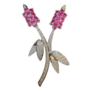 Vintage 18 Kt White Gold Diamond & 13 Ct Pink Sapp Floral Bouquet Broach 23.2 GM For Sale