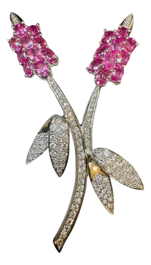 Vintage 18 Kt White Gold Diamond & 13 Ct Pink Sapp Floral Bouquet Broach 23.2 GM