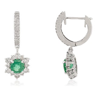 14k Gold 1.3 Ct Round Emerald Huggie Drop Earrings With Cluster Floral Diamonds- A Pair For Sale