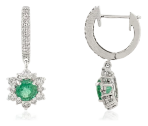 14k Gold 1.3 Ct Round Emerald Huggie Drop Earrings With Cluster Floral Diamonds- A Pair