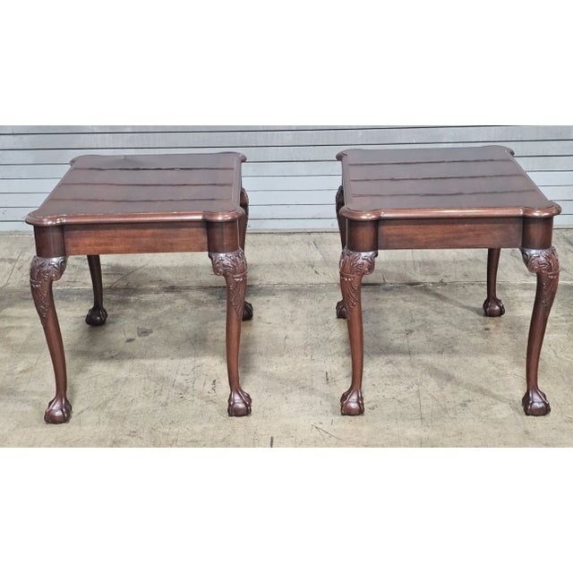 Pair Henkel Harris Chippendale Style Mahogany Claw & Ball Side Tables End Table For Sale - Image 9 of 14