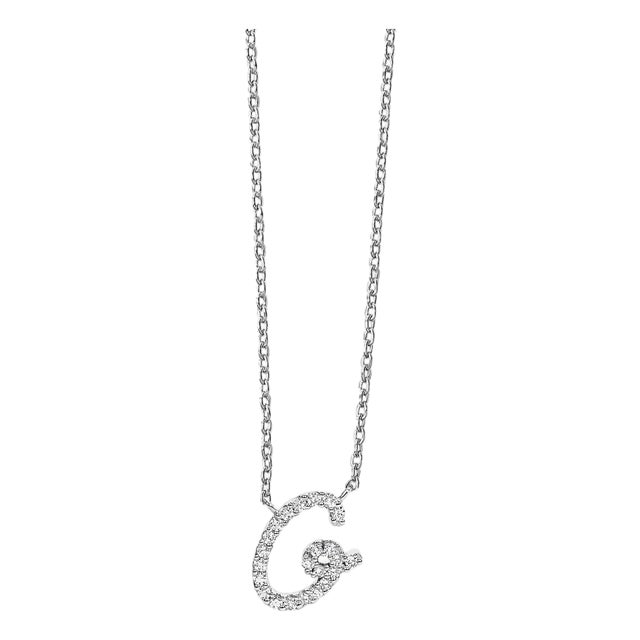 10K White Gold Diamond Accent "G" Initial Script Style Pendant Necklace For Sale