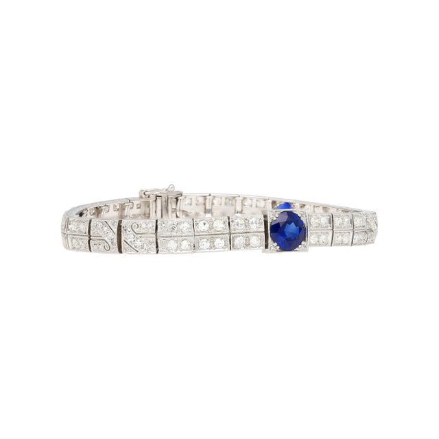 Antique Art Deco Platinum Filigree Blue Sapphire & Diamond Bracelet For Sale - Image 4 of 10