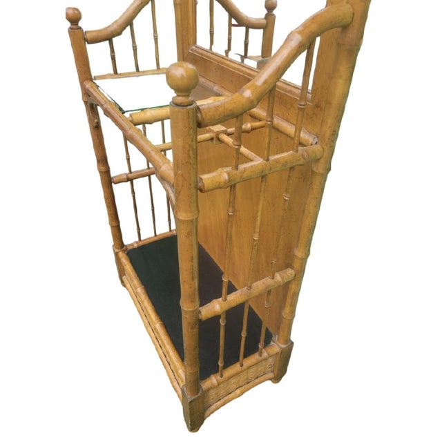 Wood Vintage Faux Bamboo & Woven Rattan American of Martinville Mirrored Hall Tree Umbrella Stand Coat Rack For Sale - Image 7 of 8