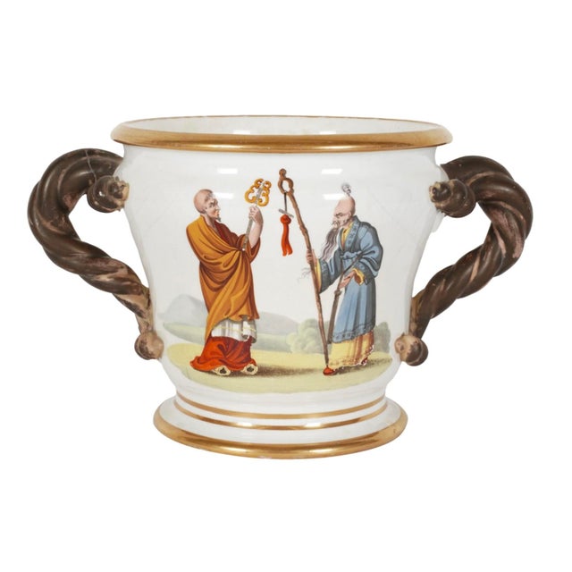 Antique Old Paris Porcelain Cachepot Jardenier Flower Pot W Chinese Motif.