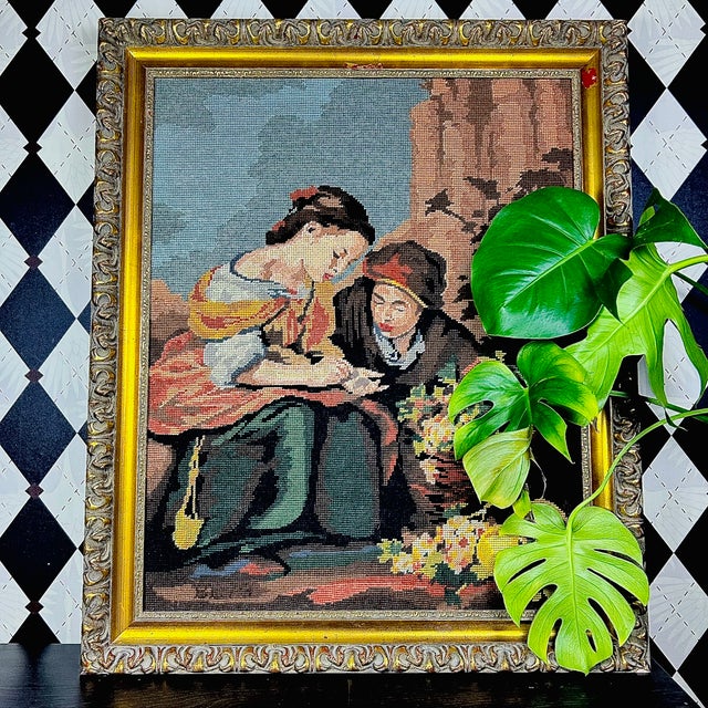 1960s Grand-Sized Framed Margot De Paris Needlepoint After Murillo, “The Little Fruit Sellers,” 30" For Sale - Image 5 of 9