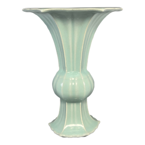 Vintage Chinese Longquan Pale Celadon Fluted Vase With Lobed Rim