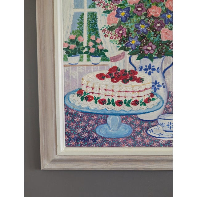 1991 'Cake & Blooms' Vintage Original Still Life Interior Oil Painting, Framed For Sale - Image 6 of 9