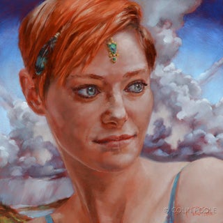 Far Off Places by Colin Poole | Oil on wood panel Portrait of a woman with orange hair and clouds. For Sale