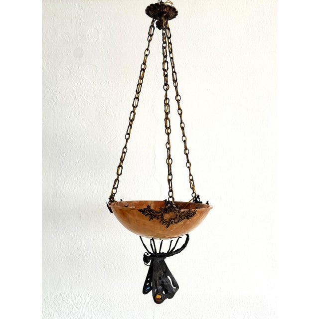 Italian Art Deco Alabaster Hanging Light with Wrough Iron Dagonfly and Chain, 1920s For Sale - Image 12 of 18