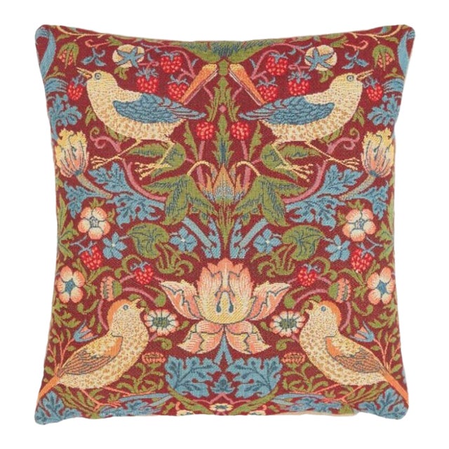 Strawberry Thief Red Tapestry Cushion With Feather Filler - 33x33cm (13"x13") For Sale