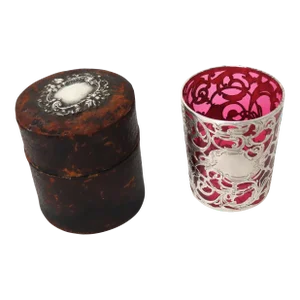 Late 19th Century Antique Sterling Silver Overlay Cranberry Art Glass Traveling Cup - Shot Glass