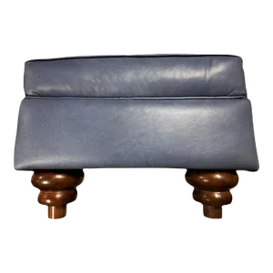 Mid 20th Century Traditional Ottoman Reupholstered in Soft Blue Italian Leather