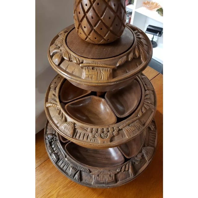 Vintage 3 Tier Hand Carved Monkey Pod Pineapple Lazy Susan Serving Wood Tray For Sale - Image 4 of 6