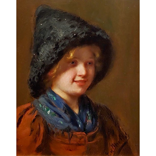 Realism Emma Muller -19th C. Portrait of a Young Blonde W/A Furry Hat-Oil Painting For Sale - Image 3 of 9
