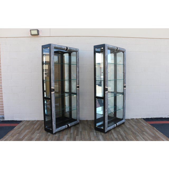 Pair of Late 20th Century Art Deco Revival Fossil Stone & Glass Lighted Display Cabinets by Pulaski For Sale - Image 4 of 18
