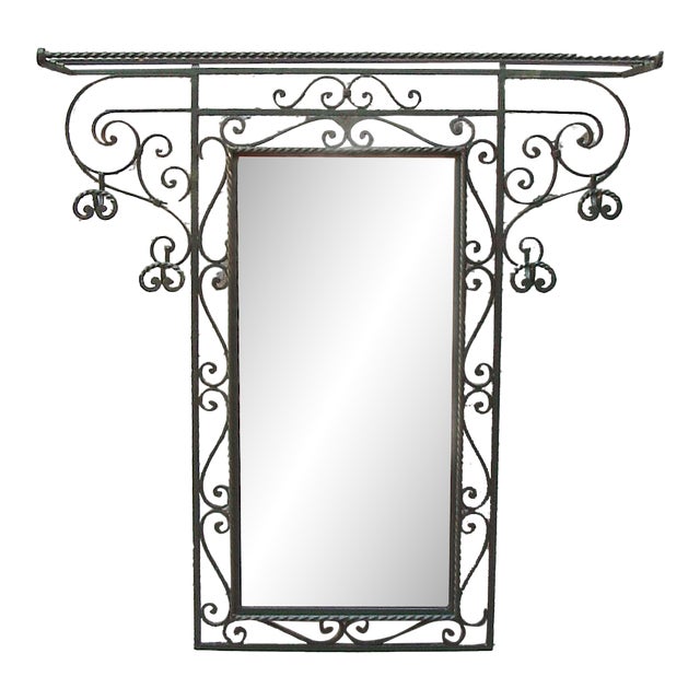 1940s Large French Forties Wrought Iron Coat Rack & Mirror For Sale