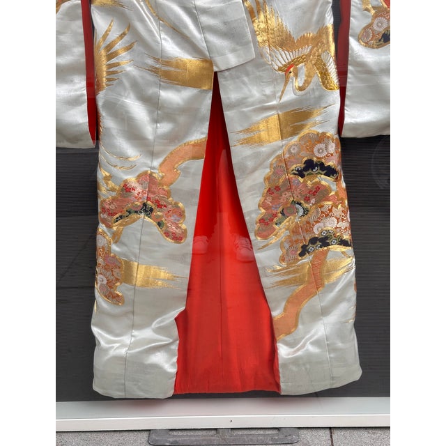 Ivory Mid 20th Century Framed Japanese Wedding Kimono With Silk Embroidered Decoration For Sale - Image 8 of 8