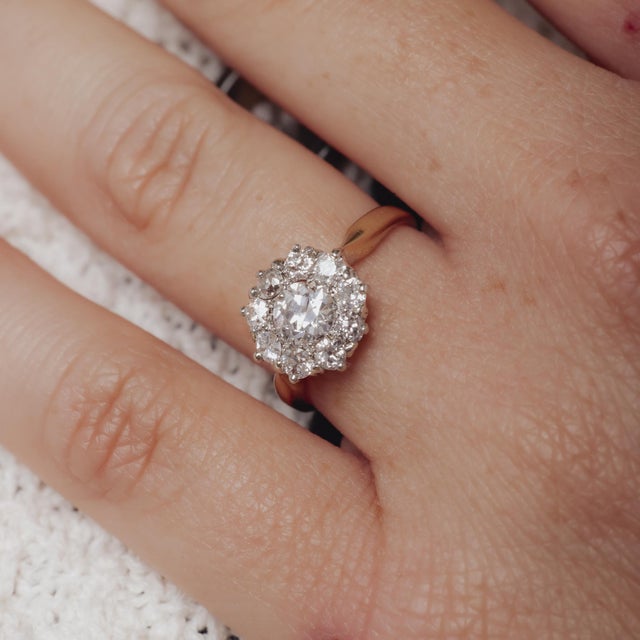 This Victorian ring from the 1880’s is crafted in 14k yellow and white gold and showcases an old European cut diamond...