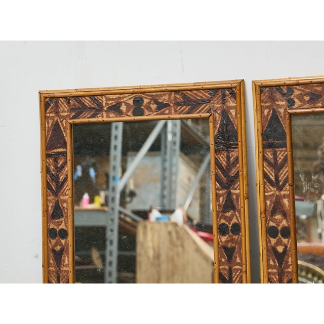 Pair of Painted Wood Mirrors with Bamboo Frames and Tribal Motif Detailing For Sale - Image 10 of 12