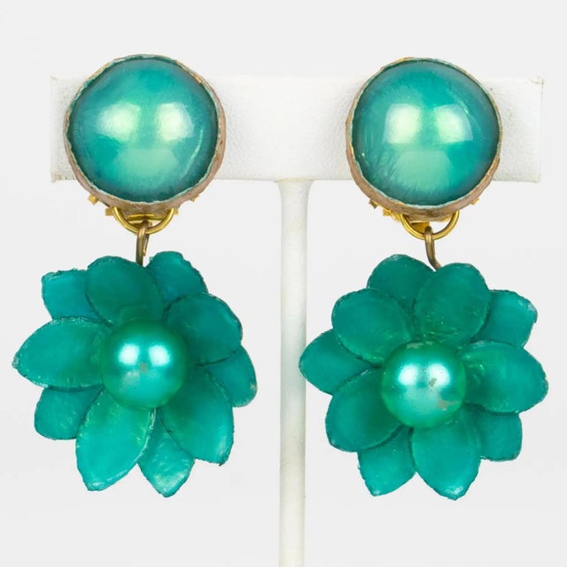 Contemporary Francoise Montague Earrings Turquoise Green Flowers For Sale - Image 3 of 6