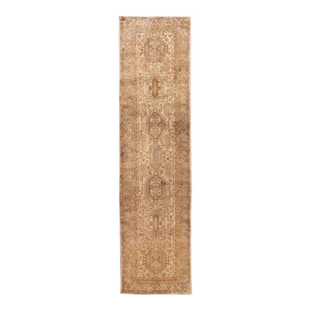 1960s Vintage Persian Heriz Handmade Tribal Beige Wool Runner For Sale