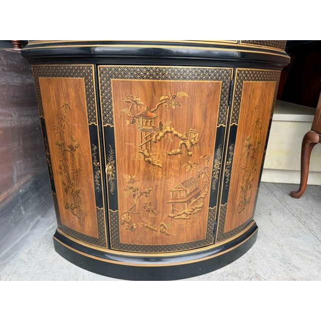 18” deep 34” wide 79” tall Overall excellent condition Vintage burlwood and black lacquered. Lighted with glass shelves