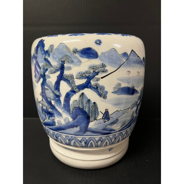 Late 20th Century Japanese Art Porcelain Blue and White Jardinier With Mountain Scenery Design For Sale - Image 11 of 12