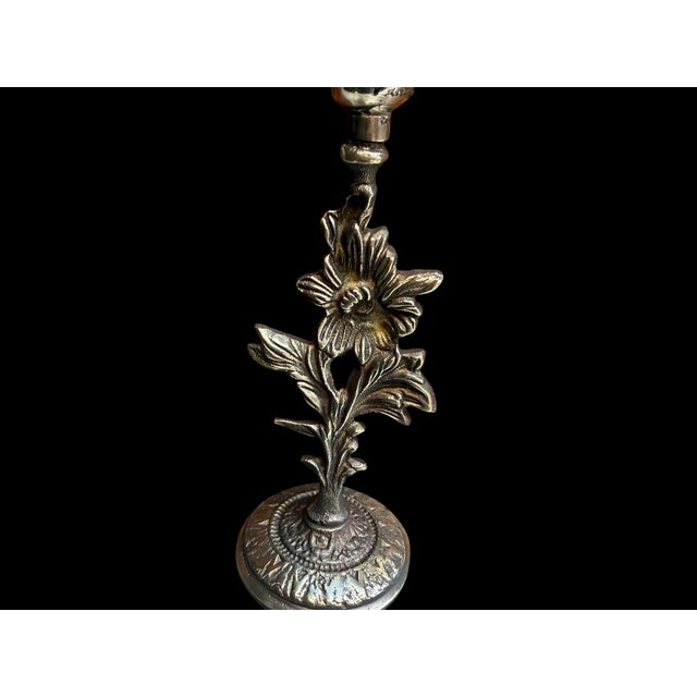 Brass Handmade Antiqued Brass Floral Candlestick Pair For Sale - Image 8 of 8