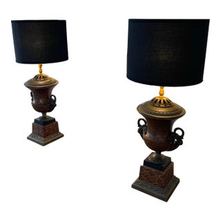 Mid 20th Century Vintage Bronze Urn Table Lamps With Red and Gold Detailing - a Pair For Sale