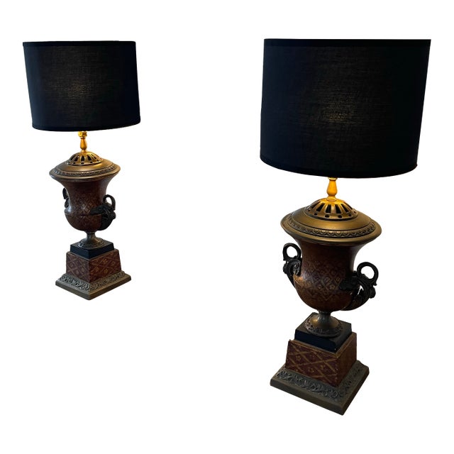 Mid 20th Century Vintage Bronze Urn Table Lamps With Red and Gold Detailing - a Pair For Sale