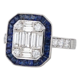 2.07ctw Diamond Blue Sapphire Halo Engagement Ring 18k White Gold Size 7 For Sale