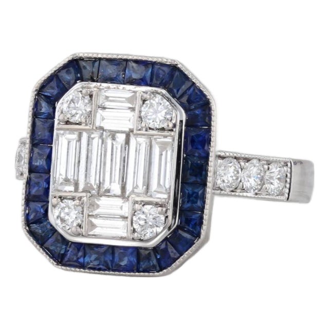 2.07ctw Diamond Blue Sapphire Halo Engagement Ring 18k White Gold Size 7 For Sale