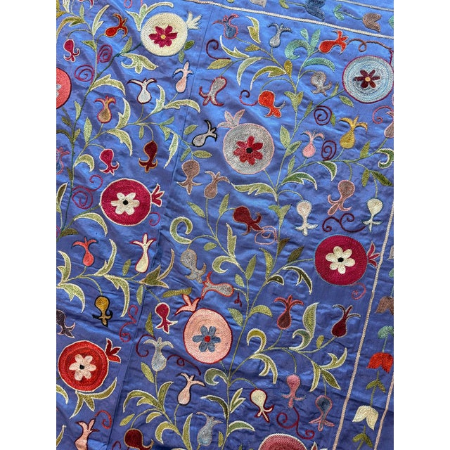 2010s Blue Silk Suzani Wall Hanging With Floral Rosettes For Sale - Image 5 of 10