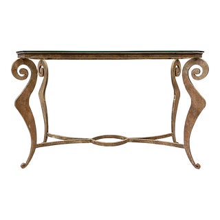 1990s Donghia Style Steel Cut Stylized Console Table With Glass Top For Sale