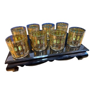 Culver Green and 22k Gold Scroll Rocks Glasses, Set of 8 For Sale
