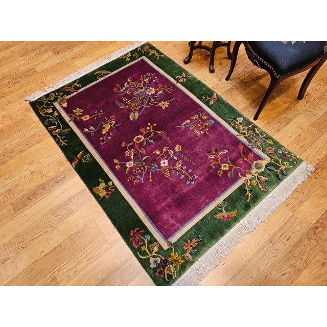 Raspberry Pink Vintage Chinese Art Deco Area Rug, Handwoven Wool Pile, Floral Design, 4' x 6' For Sale - Image 8 of 18