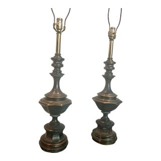 Mid 20th Century Large Brass Table Lamps With Deep Patina - a Pair For Sale