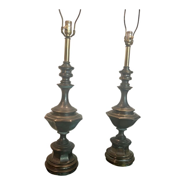 Mid 20th Century Large Brass Table Lamps With Deep Patina - a Pair For Sale
