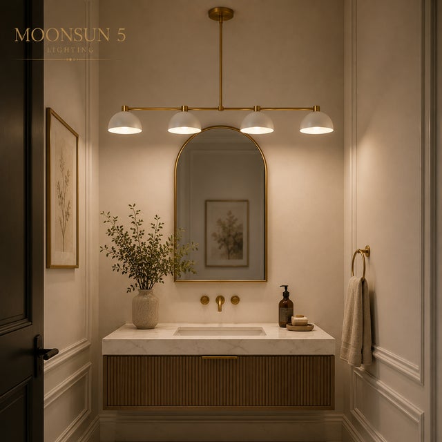 Metal Modern Linear Chandelier 4 Light, Matte Off White Dome Pendant Light Brass Dining Room Fixture, Kitchen Island Lighting, Minimalist Light For Sale - Image 7 of 12
