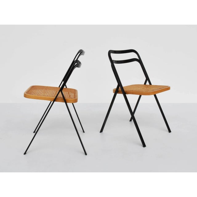 Vintage Italian Folding Chairs in Vienna Straw and Metal by Giorgi Cattellan for Cidue, 1970s, Set of 4, in Very Good...