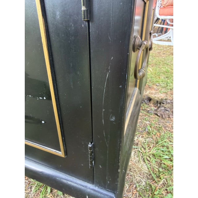 Black 1970s Classic MCM Black and Gold Two Door Accent Cabinet With Brass Ring Pulls For Sale - Image 8 of 8