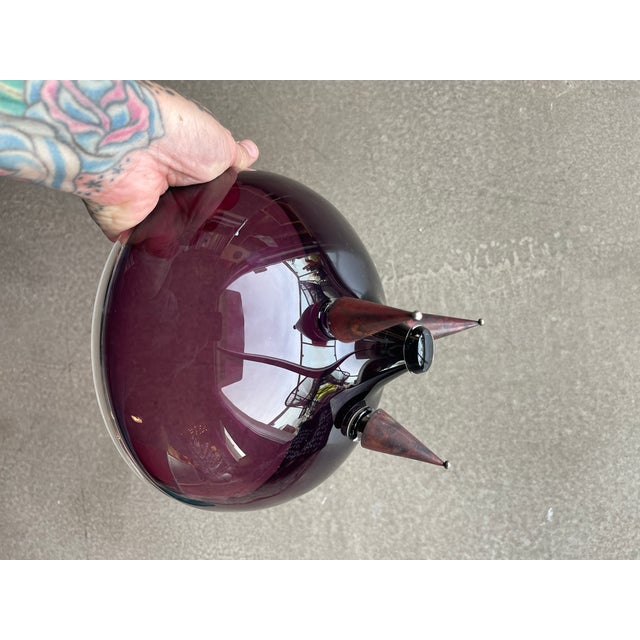 1980s Memphis Design Ettore Sottsass Style Metal Footed Amethyst Glass Bowl Fontana Arte Style For Sale - Image 9 of 12